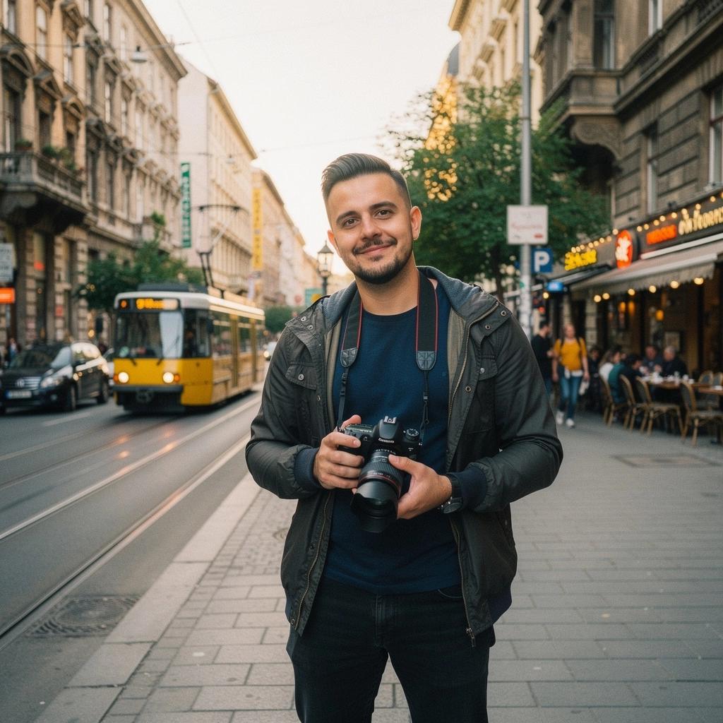 Női arckép városi környezetben, élénk színekben.